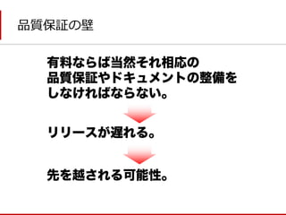 品質保証の壁 
有料ならば当然それ相応の 
品質保証やドキュメントの整備を 
しなければならない。 
リリースが遅れる。 
先を越される可能性。  