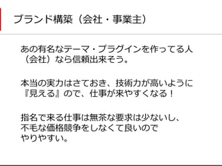 ブランド構築（会社・事業主） 
あの有名なテーマ・プラグインを作ってる人 （会社）なら信頼出来そう。 
本当の実力はさておき、技術力が高いように 
『見える』ので、仕事が来やすくなる！ 
指名で来る仕事は無茶な要求は少ないし、 
不毛な価格競争をしなくて良いので 
やりやすい。  