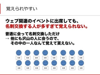 覚えられやすい 
普通に会って名刺交換しただけ 
→ 他にも沢山の人に会うので、 
その中の一人なんて覚えて貰えない。 
ウェブ関連のイベントに出席しても、 
名刺交換する人が多すぎて覚えられない。 
名刺 
名刺 
名刺 
名刺 
名刺 
名刺 
名刺 
名刺 
名刺 
名刺 
名刺 
名刺 
名刺 
名刺 
名刺 
名刺  