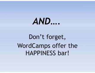 AND….
Don’t forget,
WordCamps offer the
HAPPINESS bar!
 