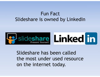Fun Fact 
Slideshare is owned by LinkedIn
Slideshare has been called
the most under used resource
on the internet today.
 