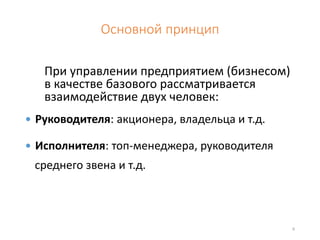 Основной принцип 
При управлении предприятием (бизнесом) 
в качестве базового рассматривается 
взаимодействие двух человек: 
 Руководителя: акционера, владельца и т.д. 
 Исполнителя: топ-менеджера, руководителя 
среднего звена и т.д. 
6 
 