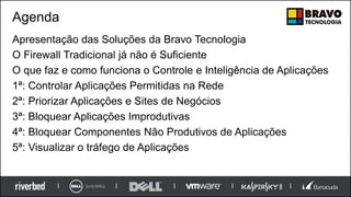 Agenda
Apresentação das Soluções da Bravo Tecnologia
O Firewall Tradicional já não é Suficiente
O que faz e como funciona o Controle e Inteligência de Aplicações
1ª: Controlar Aplicações Permitidas na Rede
2ª: Priorizar Aplicações e Sites de Negócios
3ª: Bloquear Aplicações Improdutivas
4ª: Bloquear Componentes Não Produtivos de Aplicações
5ª: Visualizar o tráfego de Aplicações
 
