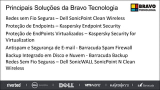 Principais Soluções da Bravo Tecnologia
Redes sem Fio Seguras – Dell SonicPoint Clean Wireless
Proteção de Endpoints – Kaspersky Endpoint Security
Proteção de EndPoints Virtualizados – Kaspersky Security for
Virtualization
Antispam e Segurança de E-mail - Barracuda Spam Firewall
Backup Integrado em Disco e Nuvem - Barracuda Backup
Redes Sem Fio Seguras – Dell SonicWALL SonicPoint N Clean
Wireless
 
