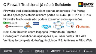 O Firewall Tradicional já não é Suficiente
Firewalls tradicionais bloqueiam apenas endereços IP e Portas
Muitas aplicações atuais utilizam portas 80 e 443 (HTTP e HTTPS)
Firewalls Tradicionais não podem examinar estas aplicações
Next Gen firewalls usam Inspeção Profunda de Pacotes
Conseguem identificar as aplicações que usam portas 80 e 443
Verificação completa do tráfego incluindo IPS, Antivírus e Filtro Web
 