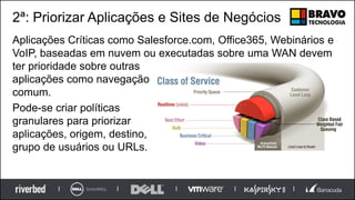 2ª: Priorizar Aplicações e Sites de Negócios
Aplicações Críticas como Salesforce.com, Office365, Webinários e
VoIP, baseadas em nuvem ou executadas sobre uma WAN devem
ter prioridade sobre outras
aplicações como navegação
comum.
Pode-se criar políticas
granulares para priorizar
aplicações, origem, destino,
grupo de usuários ou URLs.
 