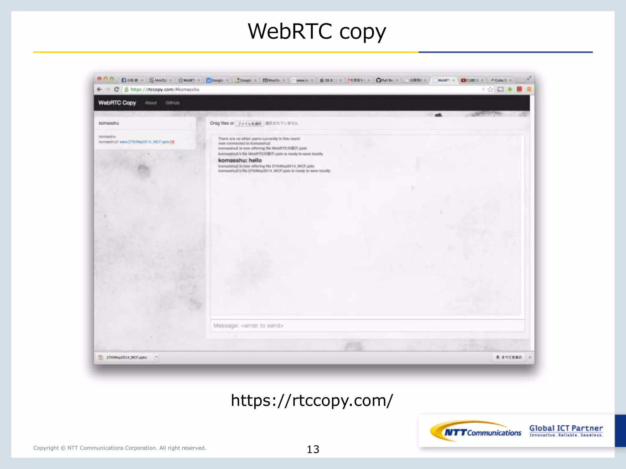 Copyright © NTT Communications Corporation. All right reserved.
WebRTC copy
13
https://rtccopy.com/
 