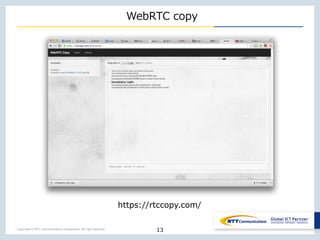 Copyright © NTT Communications Corporation. All right reserved.
WebRTC copy
13
https://rtccopy.com/
 