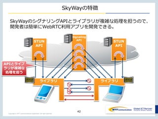 Copyright © NTT Communications Corporation. All right reserved.
SkyWayの特徴
42
SkyWayのシグナリングAPIとライブラリが複雑な処理を担うので、
開発者は簡単にWebRTC利用アプリを開発できる。
STUN
API
Signaling
API
STUN
API
ライブラリ ライブラリ
APIとライブ
ラリが複雑な
処理を担う
 