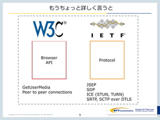 Copyright © NTT Communications Corporation. All right reserved.
もうちょっと詳しく言うと
9
Browser
API
Protocol
GetUserMedia
Peer to peer connections
JSEP
SDP
ICE (STUN, TURN)
SRTP, SCTP over DTLS
 