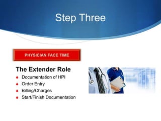 Step Three

The Extender Role
S Documentation of HPI
S Order Entry
S Billing/Charges

S Start/Finish Documentation

 