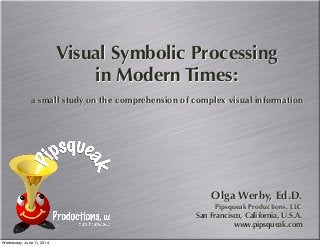 Olga Werby, Ed.D.
Pipsqueak Productions, LLC
San Francisco, California, U.S.A.
www.pipsqueak.com
Visual Symbolic Processing
in Modern Times:
a small study on the comprehension of complex visual information
Wednesday, June 11, 2014
 