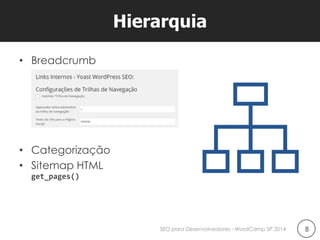 Hierarquia 
8 
SEO para Desenvolvedores - WordCamp SP 2014 
•Breadcrumb 
•Categorização 
•Sitemap HTML get_pages()  