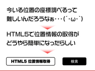 今いる位置の座標調べるって
難しいんだろうなぁ・・・(´・ω・｀)

HTML5で位置情報の取得が
どうやら簡単になったらしい
HTML5 位置情報取得

検索

 