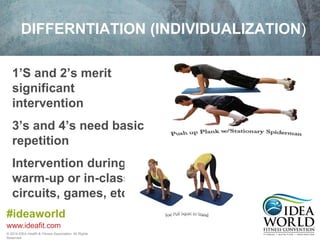 DIFFERNTIATION (INDIVIDUALIZATION) 
1’S and 2’s merit 
significant 
intervention 
3’s and 4’s need basic 
repetition 
Intervention during 
warm-up or in-class 
circuits, games, etc. 
#ideaworld 
www.ideafit.com 
© 2014 IDEA Health & Fitness Association. All Rights 
Reserved. 
 