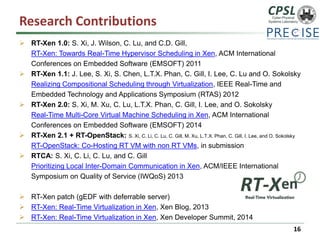 Research Contributions 
RT-Xen 1.0:S. Xi, J. Wilson, C. Lu, and C.D. Gill, RT-Xen: Towards Real-Time Hypervisor Scheduling in Xen, ACM International 
Conferences on Embedded Software (EMSOFT) 2011 
RT-Xen 1.1: J. Lee, S. Xi, S. Chen, L.T.X. Phan, C. Gill, I. Lee, C. Lu and O. Sokolsky 
Realizing Compositional Scheduling through Virtualization, IEEE Real-Time and 
Embedded Technology and Applications Symposium (RTAS) 2012 
RT-Xen 2.0:S. Xi, M. Xu, C. Lu, L.T.X. Phan, C. Gill, I. Lee, and O. SokolskyReal-Time Multi-Core Virtual Machine Scheduling in Xen, ACM International 
Conferences on Embedded Software (EMSOFT) 2014 
RT-Xen 2.1 + RT-OpenStack: S. Xi, C. Li, C. Lu, C. Gill, M. Xu, L.T.X. Phan, C. Gill, I. Lee, and O. SokolskyRT-OpenStack: Co-Hosting RT VM with non RT VMs, in submission 
RTCA:S. Xi, C. Li, C. Lu, and C. GillPrioritizing Local Inter-Domain Communication in Xen, ACM/IEEE International 
Symposium on Quality of Service (IWQoS) 2013 
RT-Xen patch (gEDF with deferrable server) 
RT-Xen: Real-Time Virtualization in Xen, Xen Blog, 2013 
RT-Xen: Real-Time Virtualization in Xen, Xen Developer Summit, 2014 
16 
 