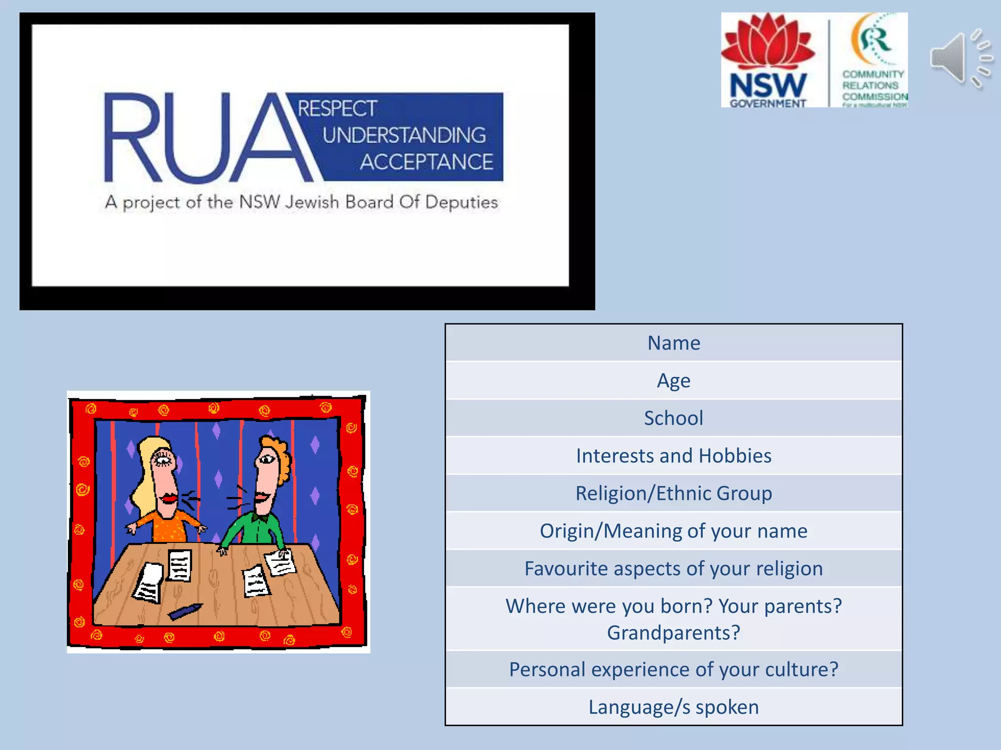 Name
Age
School
Interests and Hobbies

Religion/Ethnic Group
Origin/Meaning of your name
Favourite aspects of your religion
Where were you born? Your parents?
Grandparents?
Personal experience of your culture?
Language/s spoken

 