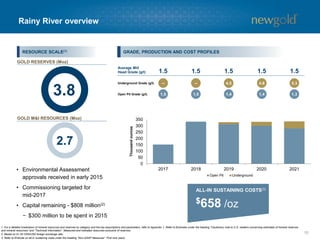 10
Rainy River overview
1. For a detailed breakdown of mineral resources and reserves by category and the key assumptions and parameters, refer to Appendix 1. Refer to Endnotes under the heading “Cautionary note to U.S. readers concerning estimates of mineral reserves
and mineral resources” and “Technical Information”. Measured and indicated resources exclusive of reserves.
2. Based on $1.25 CDN/USD foreign exchange rate.
3. Refer to Endnote on all-in sustaining costs under the heading “Non-GAAP Measures”. First nine years.
Average Mill
Head Grade (g/t)
Underground Grade (g/t)
Open Pit Grade (g/t)
0
50
100
150
200
250
300
350
2017 2018 2019 2020 2021
Open Pit Underground
1.5 1.5 1.5 1.5 1.5
Thousandounces
1.5
--
1.5
--
1.4
4.5
1.4
4.8
1.3
5.3
GRADE, PRODUCTION AND COST PROFILES
$658 /oz
ALL-IN SUSTAINING COSTS(3)
RESOURCE SCALE(1)
3.8
2.7
GOLD M&I RESOURCES (Moz)
GOLD RESERVES (Moz)
• Environmental Assessment
approvals received in early 2015
• Commissioning targeted for
mid-2017
• Capital remaining - $808 million(2)
− $300 million to be spent in 2015
 