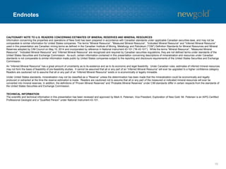 Endnotes
15
CAUTIONARY NOTE TO U.S. READERS CONCERNING ESTIMATES OF MINERAL RESERVES AND MINERAL RESOURCES
Information concerning the properties and operations of New Gold has been prepared in accordance with Canadian standards under applicable Canadian securities laws, and may not be
comparable to similar information for United States companies. The terms “Mineral Resource”, “Measured Mineral Resource”, “Indicated Mineral Resource” and “Inferred Mineral Resource”
used in this presentation are Canadian mining terms as defined in the Canadian Institute of Mining, Metallurgy and Petroleum (“CIM”) Definition Standards for Mineral Resources and Mineral
Reserves adopted by CIM Council on May 10, 2014 and incorporated by reference in National Instrument 43-101 (“NI 43-101”). While the terms “Mineral Resource”, “Measured Mineral
Resource”, “Indicated Mineral Resource” and “Inferred Mineral Resource” are recognized and required by Canadian securities regulations, they are not defined terms under standards of the
United States Securities and Exchange Commission. As such, certain information contained in this presentation concerning descriptions of mineralization and resources under Canadian
standards is not comparable to similar information made public by United States companies subject to the reporting and disclosure requirements of the United States Securities and Exchange
Commission.
An “Inferred Mineral Resource” has a great amount of uncertainty as to its existence and as to its economic and legal feasibility. Under Canadian rules, estimates of inferred mineral resources
may not form the basis of feasibility of pre-feasibility studies. It cannot be assumed that all or any part of an “Inferred Mineral Resource” will ever be upgraded to a higher confidence category.
Readers are cautioned not to assume that all or any part of an “Inferred Mineral Resource” exists or is economically or legally mineable.
Under United States standards, mineralization may not be classified as a “Reserve” unless the determination has been made that the mineralization could be economically and legally
produced or extracted at the time the reserve estimation is made. Readers are cautioned not to assume that all or any part of the measured or indicated mineral resources will ever be
converted into mineral reserves. In addition, the definitions of “Proven Mineral Reserves” and “Probable Mineral Reserves” under CIM standards differ in certain respects from the standards of
the United States Securities and Exchange Commission.
TECHNICAL INFORMATION
The scientific and technical information in this presentation has been reviewed and approved by Mark A. Petersen, Vice President, Exploration of New Gold. Mr. Petersen is an AIPG Certified
Professional Geologist and a “Qualified Person” under National Instrument 43-101.
 