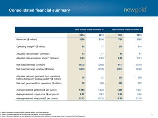 Consolidated financial summary
5
Three months ended December 31 Twelve months ended December 31
2014 2013 2014 2013
Revenues ($ million) $188 $198 $726 $780
Operating margin(1) ($ million) 65 77 315 344
Adjusted net earnings(2) ($ million) 13 17 45 61
Adjusted net earnings per share(2) ($/share) 0.03 0.04 0.09 0.13
Net (loss)/earnings ($ million) (432) (255) (477) (191)
Net (loss)/earnings per share ($/share) (0.86) (0.51) (0.95) (0.39)
Adjusted net cash generated from operations
before changes in working capital(3) ($ million)
70 72 310 259
Net cash generated from operations ($ million) 70 100 269 172
Average realized gold price ($ per ounce) 1,188 1,233 1,256 1,337
Average realized copper price ($ per pound) 2.92 3.24 3.02 3.24
Average realized silver price ($ per ounce) 15.73 20.10 18.86 23.16
1. Refer to Endnote on operating margin under the heading “Non-GAAP Measures”.
2. Refer to Endnote on adjusted net earnings under the heading “Non-GAAP Measures”.
3. Refer to Endnote on adjusted net cash generated from operations before changes in working capital under the heading “Non-GAAP Measures”.
 