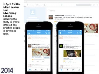 In April, Twitter
added several
new
advertising
options,
including the
ability to create
targeted ads
directing people
to download
apps.
 