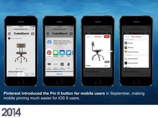 Pinterest introduced the Pin It button for mobile users in September, making
mobile pinning much easier for iOS 8 users.
 