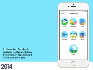In November, Facebook
updated its Groups feature
by completely redesigning it
as a stand-alone app.
 