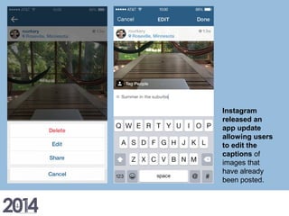 Instagram
released an
app update
allowing users
to edit the
captions of
images that
have already
been posted.
 