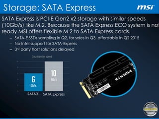 Storage: SATA Express
SATA Express is PCI-E Gen2 x2 storage with similar speeds
(10Gb/s) like M.2. Because the SATA Express ECO system is not
ready MSI offers flexible M.2 to SATA Express cards.
– SATA-E SSDs sampling in Q2, for sales in Q3, affordable in Q2 2015
– No Intel support for SATA-Express
– 3rd party host solutions delayed
SATA3 SATA Express
 