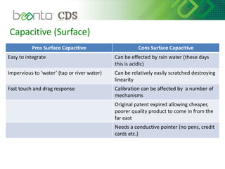 Capacitive (Surface)
Pros Surface Capacitive Cons Surface Capacitive
Easy to integrate Can be effected by rain water (these days
this is acidic)
Impervious to ‘water’ (tap or river water) Can be relatively easily scratched destroying
linearity
Fast touch and drag response Calibration can be affected by a number of
mechanisms
Original patent expired allowing cheaper,
poorer quality product to come in from the
far east
Needs a conductive pointer (no pens, credit
cards etc.)
 