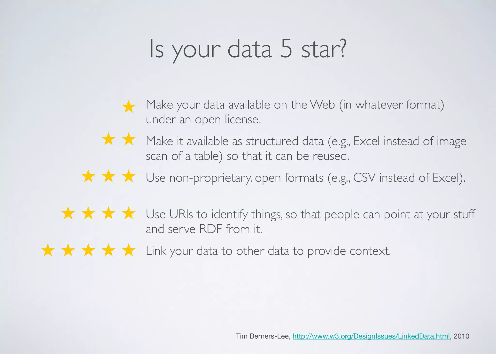Is your data 5 star?
Tim Berners-Lee, http://www.w3.org/DesignIssues/LinkedData.html, 2010
Make your data available on the Web (in whatever format)
under an open license.	

Make it available as structured data (e.g., Excel instead of image
scan of a table) so that it can be reused.	

Use non-proprietary, open formats (e.g., CSV instead of Excel).	

!
Use URIs to identify things, so that people can point at your stuff
and serve RDF from it.	

Link your data to other data to provide context.
★	

★ ★ 	

★ ★ ★ 	

★ ★ ★ ★ 	

★ ★ ★ ★ ★
 