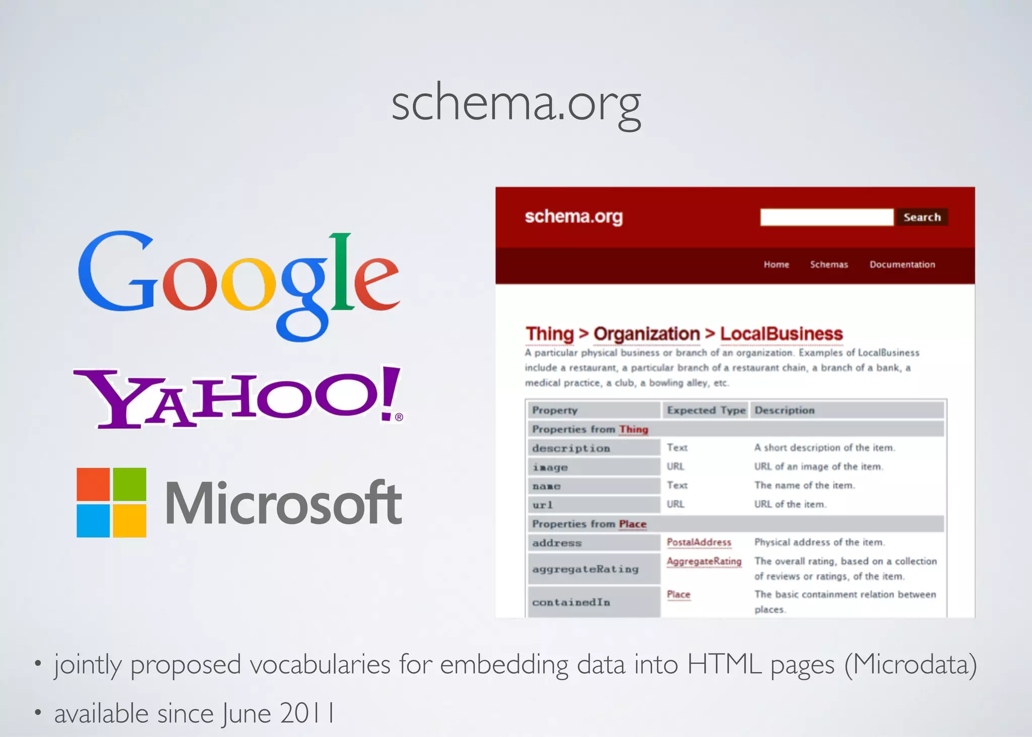 schema.org
• jointly proposed vocabularies for embedding data into HTML pages (Microdata)	

• available since June 2011
 