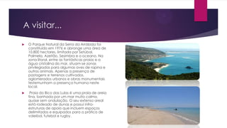 A visitar...
 O Parque Natural da Serra da Arrábida foi
constituído em 1976 e abrange uma área de
10.800 hectares, limitada por Setúbal,
Palmela, Azeitão, Sesimbra e o oceano. Na
zona litoral, entre as fantásticas praias e a
água cristalina do mar, situam-se zonas
privilegiadas para algumas aves de rapina e
outros animais. Apenas a presença de
pastagens e terrenos cultivados,
aglomerados urbanos e obras monumentais
testemunham a presença humana neste
local.
 Praia do Bico das Lulas é uma praia de areia
fina, banhada por um mar muito calmo,
quase sem ondulação. O seu extenso areal
está rodeado de dunas e possui infra-
estruturas de apoio que incluem espaços
delimitados e equipados para a prática de
voleibol, futebol e rugby.
 