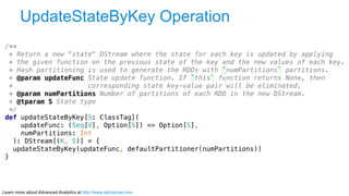 Learn more about Advanced Analytics at http://www.alpinenow.com
UpdateStateByKey Operation
 