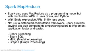 Learn more about Advanced Analytics at http://www.alpinenow.com
Spark MapReduce
•  Spark also uses MapReduce as a programm...