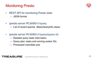 Monitoring Presto
•  REST API for monitoring Presto state
–  JSON format
•  (presto server IP):8080/v1/query
–  List of recent queries (BasicQueryInfo class)
•  (presto server IP):8080/v1/query/(query id)
–  Detailed query state information
–  Query plan, tasks and running worker IDs
–  Processed rows/data size
13
 