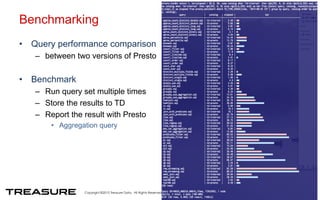 Benchmarking
•  Query performance comparison
–  between two versions of Presto
•  Benchmark
–  Run query set multiple times
–  Store the results to TD
–  Report the result with Presto
•  Aggregation query
25
 
