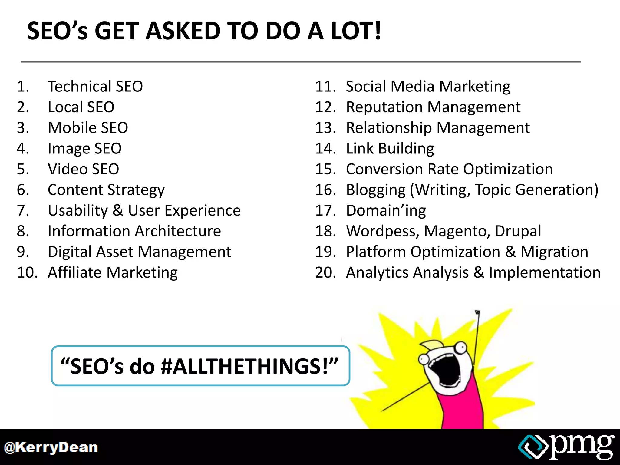 SEO’s GET ASKED TO DO A LOT!
1. Technical SEO
2. Local SEO
3. Mobile SEO
4. Image SEO
5. Video SEO
6. Content Strategy
7. Usability & User Experience
8. Information Architecture
9. Digital Asset Management
10. Affiliate Marketing
11. Social Media Marketing
12. Reputation Management
13. Relationship Management
14. Link Building
15. Conversion Rate Optimization
16. Blogging (Writing, Topic Generation)
17. Domain’ing
18. Wordpess, Magento, Drupal
19. Platform Optimization & Migration
20. Analytics Analysis & Implementation
“SEO’s do #ALLTHETHINGS!”
 