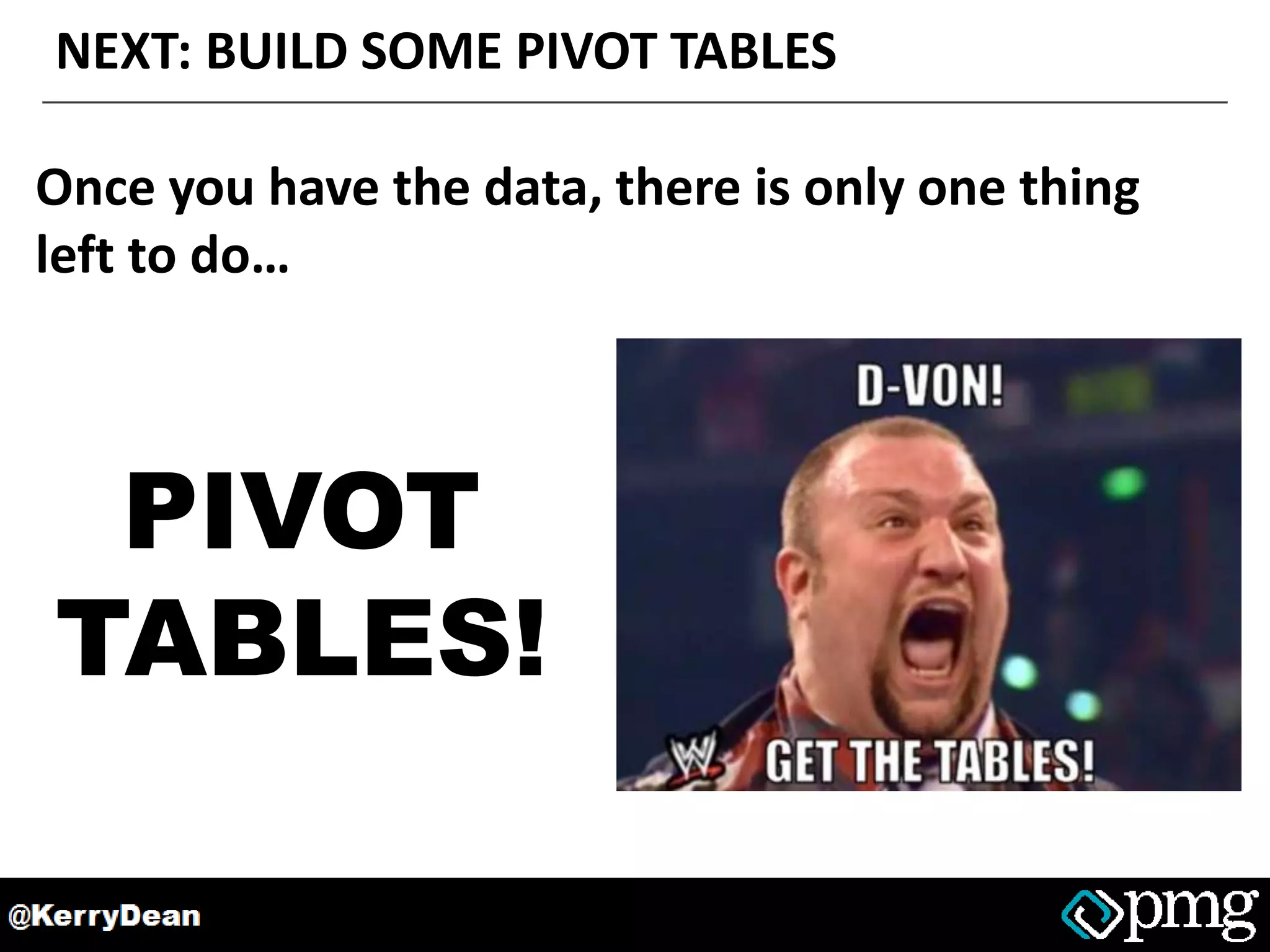 NEXT: BUILD SOME PIVOT TABLES
Once you have the data, there is only one thing
left to do…
PIVOT
TABLES!
 