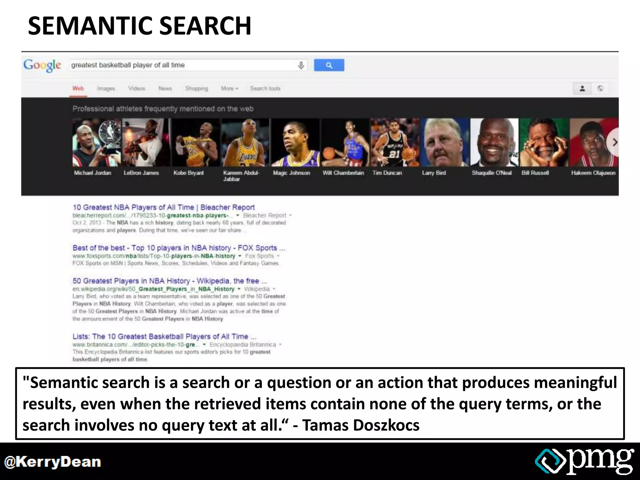 SEMANTIC SEARCH
"Semantic search is a search or a question or an action that produces meaningful
results, even when the retrieved items contain none of the query terms, or the
search involves no query text at all.“ - Tamas Doszkocs
 