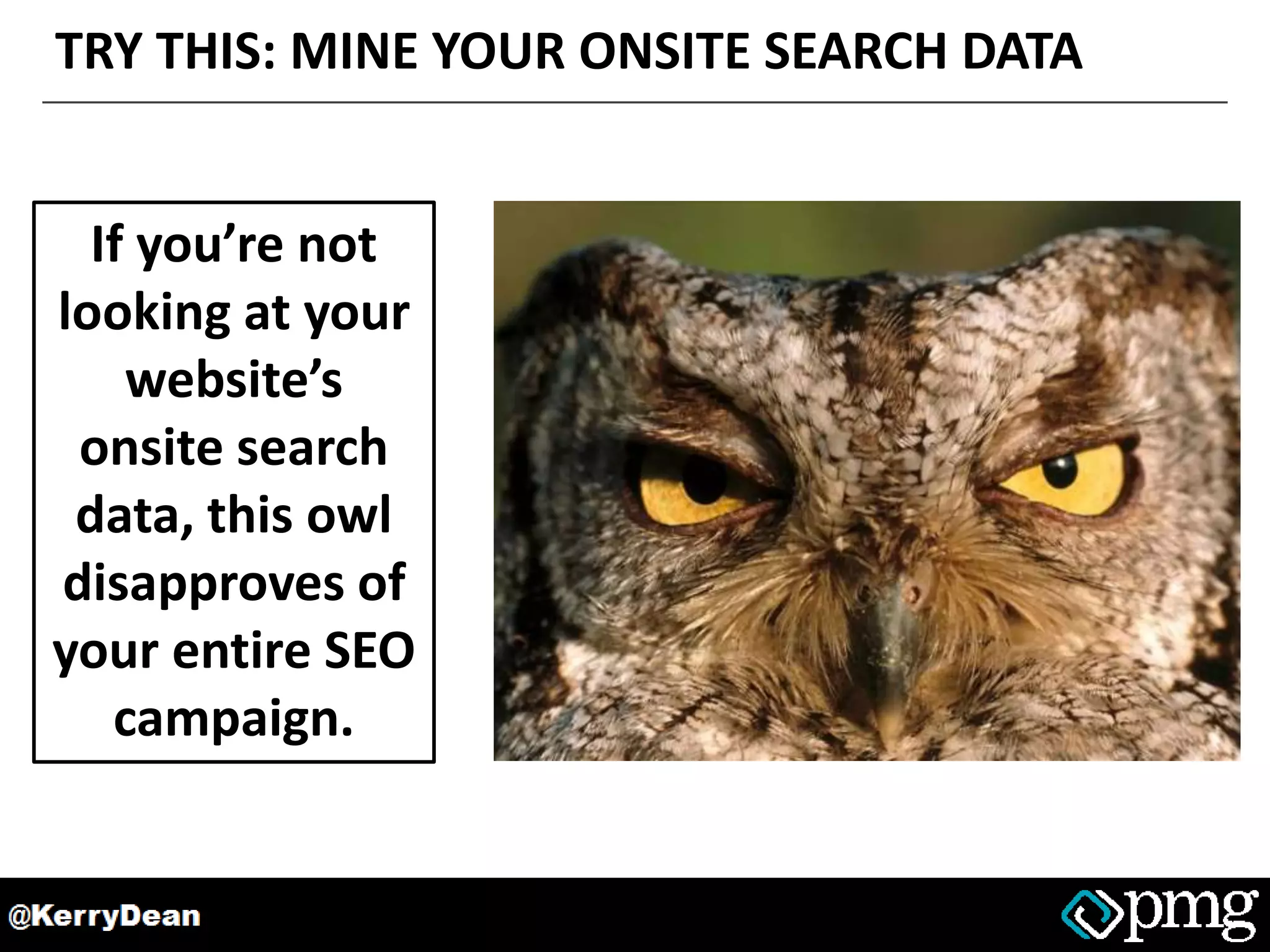 TRY THIS: MINE YOUR ONSITE SEARCH DATA
If you’re not
looking at your
website’s
onsite search
data, this owl
disapproves of
your entire SEO
campaign.
 