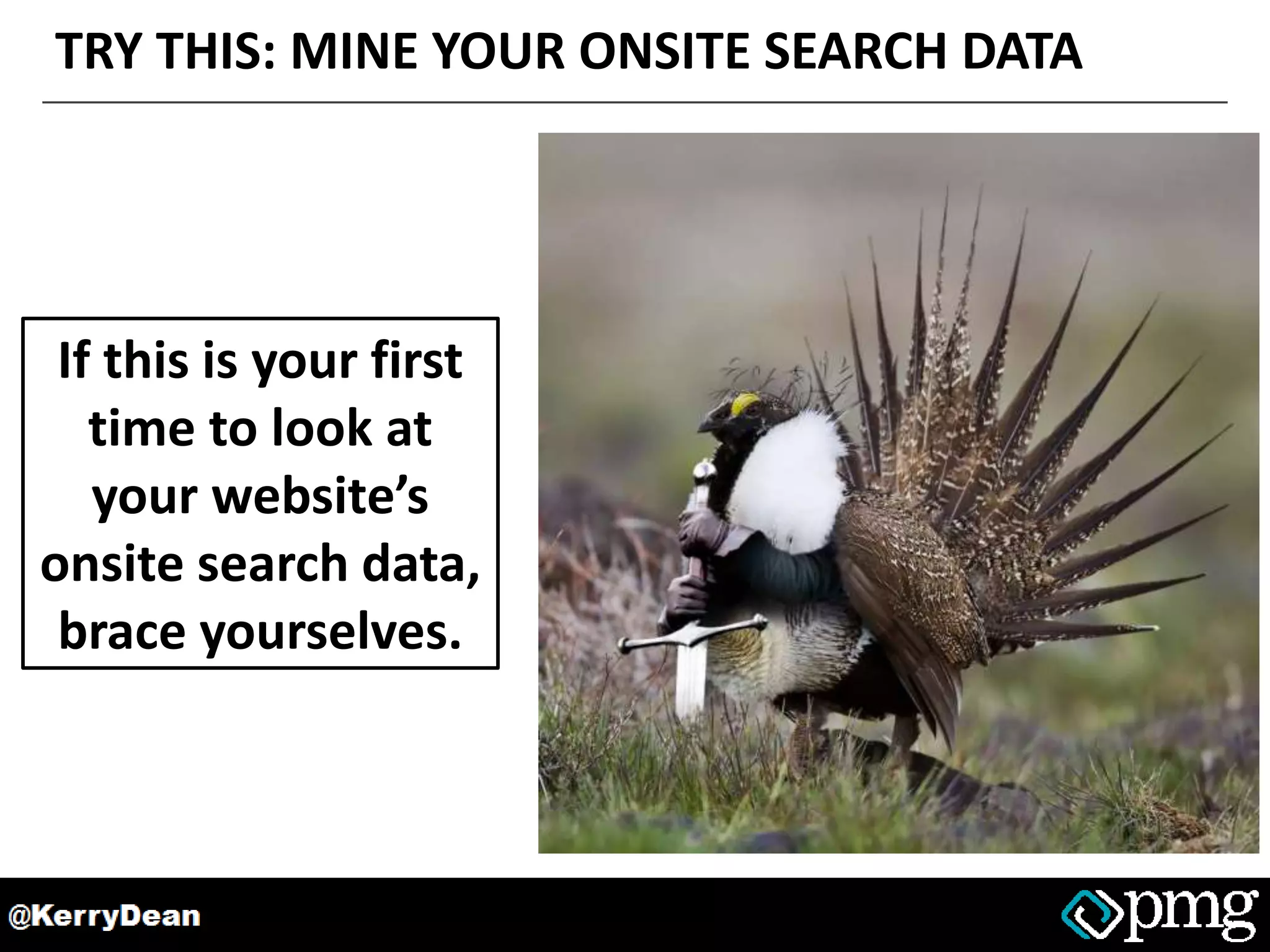 TRY THIS: MINE YOUR ONSITE SEARCH DATA
If this is your first
time to look at
your website’s
onsite search data,
brace yourselves.
 