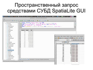 Пространственный запрос
средствами СУБД SpatiaLite GUI
 