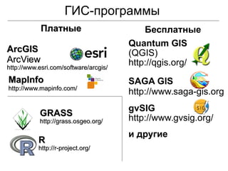 Платные
Платные
/
/
Бесплатные
ГИС-программы
MapInfo
MapInfo
http://www.mapinfo.com/
http://www.mapinfo.com/
ArcGIS
ArcGIS
ArcView
ArcView
http://www.esri.com/software/arcgis/
http://www.esri.com/software/arcgis/
Quantum GIS
(QGIS)
http://qgis.org/
SAGA GIS
http://www.saga-gis.org
gvSIG
http://www.gvsig.org/
и другие
GRASS
GRASS
http://grass.osgeo.org/
http://grass.osgeo.org/
R
R
http://r-project.org/
http://r-project.org/
 