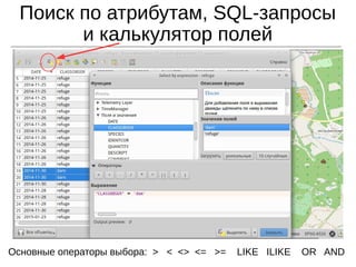 Поиск по атрибутам, SQL-запросы
и калькулятор полей
Основные операторы выбора: > < <> <= >= LIKE ILIKE OR AND
 