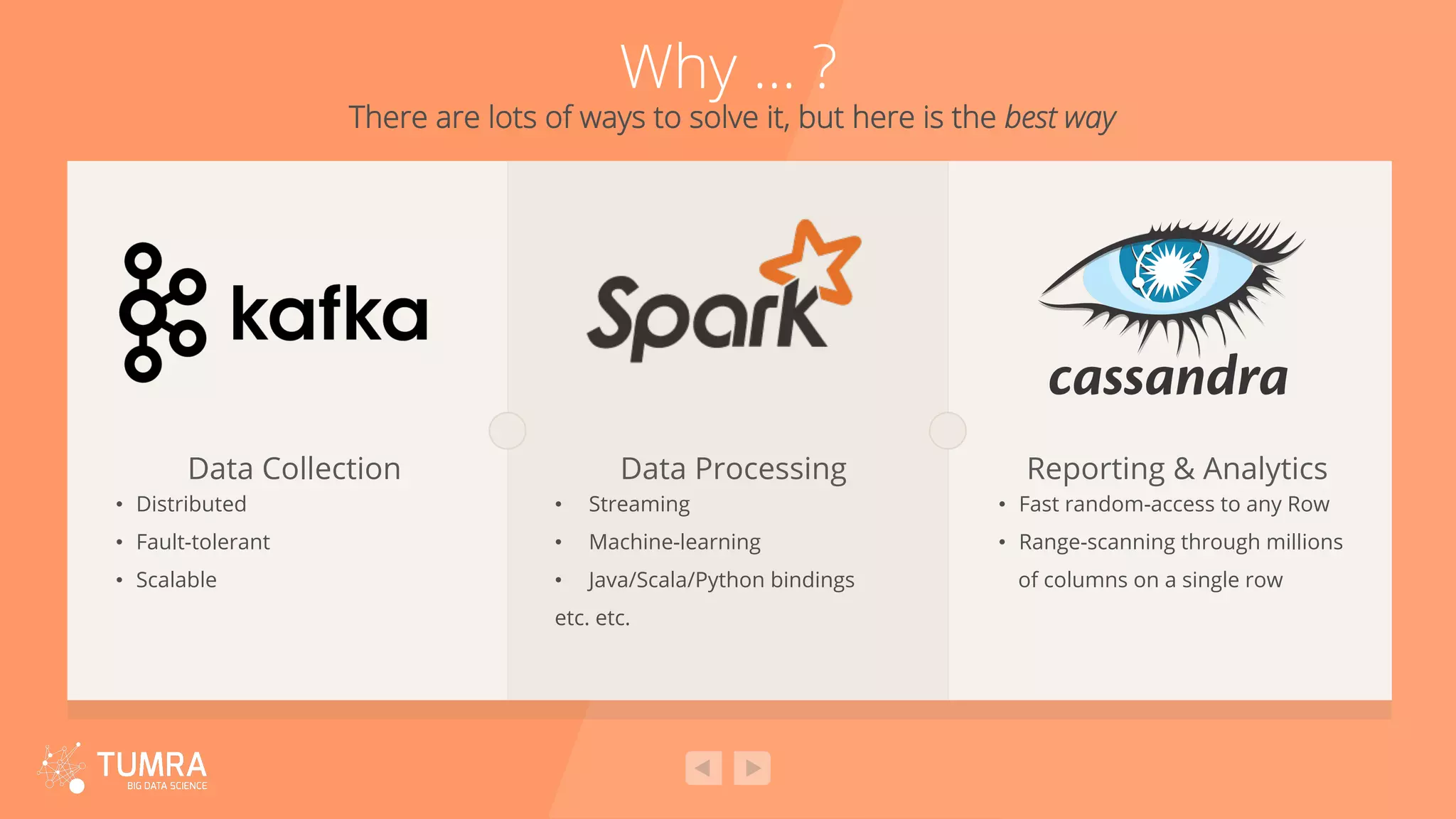 Why … ? There are lots of ways to solve it, but here is the best way •  Distributed •  Fault-tolerant •  Scalable •  Streaming •  Machine-learning •  Java/Scala/Python bindings etc. etc. •  Fast random-access to any Row •  Range-scanning through millions of columns on a single row Data Collection Data Processing Reporting & Analytics 