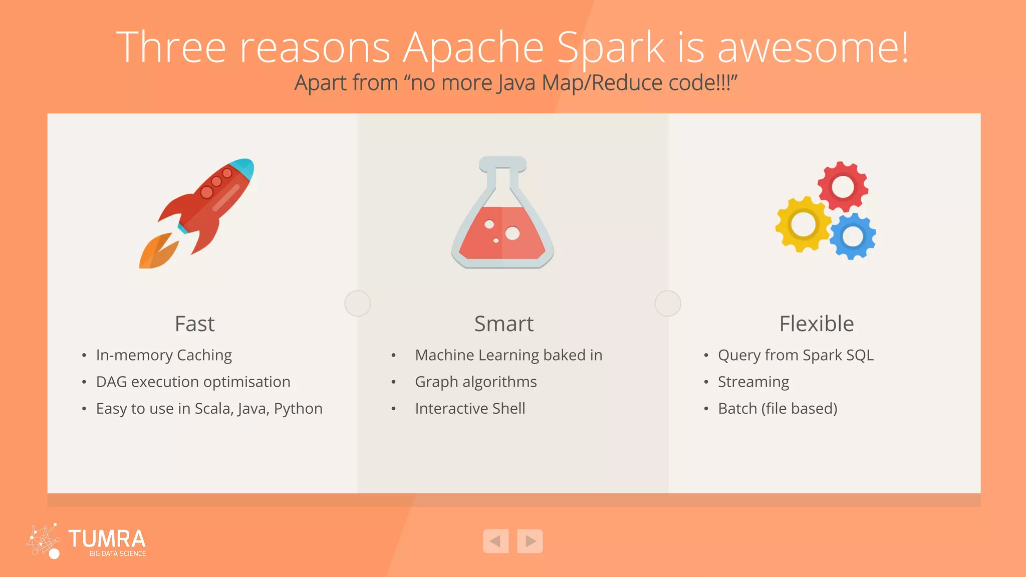 Three reasons Apache Spark is awesome! Apart from “no more Java Map/Reduce code!!!” •  In-memory Caching •  DAG execution optimisation •  Easy to use in Scala, Java, Python Fast •  Machine Learning baked in •  Graph algorithms •  Interactive Shell Smart •  Query from Spark SQL •  Streaming •  Batch (ﬁle based) Flexible 