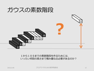ガウスの素数階段
プログラマのための数学勉強会 122015/1/30
2
3 4
5 6
7 8 9 10
11
100
？
１から１００までの素数階段を作るためには、
いったい何段の高さまで積み重ねる必要があるのか？
 
