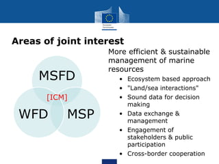 Areas of joint interest
MSFD
MSPWFD
More efficient & sustainable
management of marine
resources
• Ecosystem based approach
• "Land/sea interactions"
• Sound data for decision
making
• Data exchange &
management
• Engagement of
stakeholders & public
participation
• Cross-border cooperation
[ICM]
 