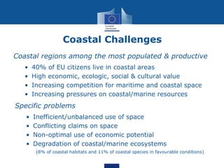 Coastal Challenges
Coastal regions among the most populated & productive
• 40% of EU citizens live in coastal areas
• High economic, ecologic, social & cultural value
• Increasing competition for maritime and coastal space
• Increasing pressures on coastal/marine resources
Specific problems
• Inefficient/unbalanced use of space
• Conflicting claims on space
• Non-optimal use of economic potential
• Degradation of coastal/marine ecosystems
(8% of coastal habitats and 11% of coastal species in favourable conditions)
 